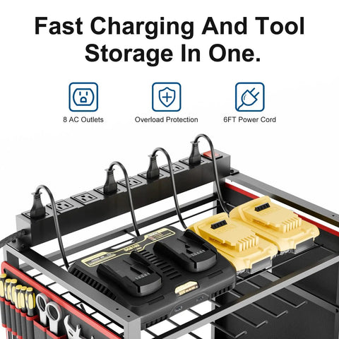 Close-up of Five Tier Power Tool Organizer Cart With Charging Station And Wheels showing 8-outlet hub and tool storage compartments.