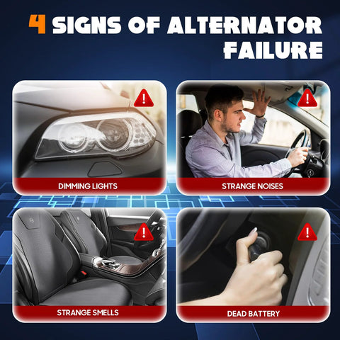 Four signs of alternator failure including dimming lights, strange noises, strange smells, and dead battery in a car.