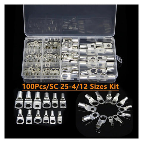Super Cool 100 Pack SC25-4 Ring Lug Terminals Made From Real Tinned Copper For Your Battery Wires Crimp Or Solder With Ease And Zero Fuss On Any Heavy Duty Wire Setup, assorted sizes in case