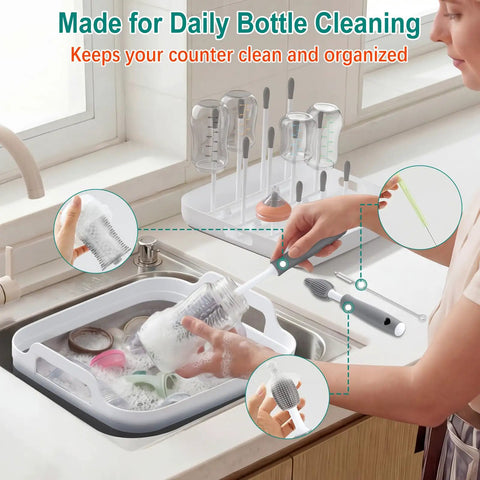 Collapsible Baby Bottle Wash Basin With Built In Drying Rack Two Point Four Gallon Foldable Dish Tub with handles in use