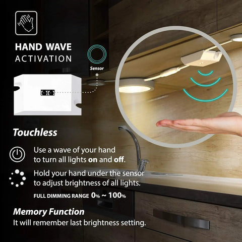 Hand activating Under Cabinet Puck Lights With Hand Wave Sensor, Circular LED Cabinet Lights, Dimmable 12 Pack in kitchen