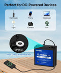 12V 30Ah LiFePO4 Battery With DC Port, Compact Size Like 20Ah, 30A BMS With Low Temp Cutoff displayed for various devices