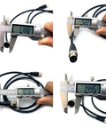 Close-up of M12 4 Pin Male To Female Connector Cable 5 Meter IP67 Waterproof A Code, with calipers showing precise measurements.