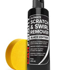 Bottle of Ultimate Black Edition Car Scratch Repair Kit With Buffer Pad And Polishing Compound For Dark Color Rides and yellow buffer pad