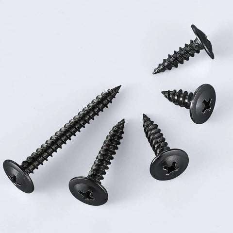 Heavy Duty Size 4 By 3/8 Inch Phillips Truss Wood Screws Black Stainless Steel Self Tapping Fasteners displayed from various angles.
