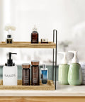 Two Tier Bathroom Organizer For Countertop And Vanity, Wooden Double Tray Shelf with toiletries in bathroom setting