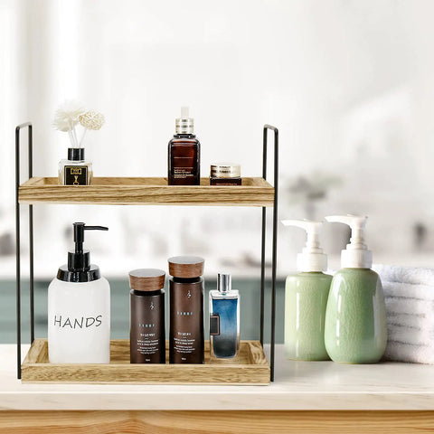 Two Tier Bathroom Organizer For Countertop And Vanity, Wooden Double Tray Shelf with toiletries in bathroom setting