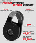 Heavy Duty Snatch Block With Separate Body Design, 22 Ton G80 Forged Winch Block For Off Road Recovery, Quick Rope Attachment, Works With Synthetic Rope, Black showing alloy steel and Grade 80 forged steel