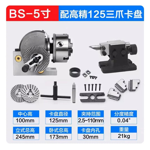 Heavy Duty Universal Dividing Head For CNC Routers And Milling Tables Featuring Hella Tough Indexing Chucks Plus Sweet Rotary Axis Controls, showing a sturdy mechanical design with accessories.