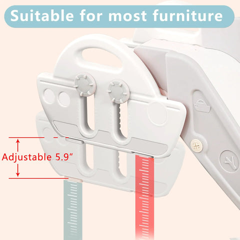 Close-up of adjustable bracket for Awesome Indoor Kids Couch Slide For Bedroom Play Adventures Featuring No Sweat Setup And Rock Solid Two Hundred Pound Weight Rating Gray Family Fun Slide Perfect For Beds And Stairs.