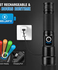 Rechargeable 90000 Lumen Flashlights Two Pack With 5 Light Modes Ultra Bright LED Beasts charging with power display