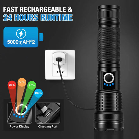 Rechargeable 90000 Lumen Flashlights Two Pack With 5 Light Modes Ultra Bright LED Beasts charging with power display