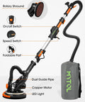 Heavy Duty Rock Solid Electric Drywall Sander With Swish Vacuum Dust Extractor And Variable Speed Dial Plus Killer LED Job Light and Compact Fold Grip view showing controls and attachments.