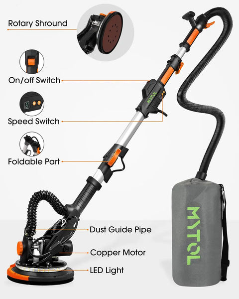 Heavy Duty Rock Solid Electric Drywall Sander With Swish Vacuum Dust Extractor And Variable Speed Dial Plus Killer LED Job Light and Compact Fold Grip view showing controls and attachments.