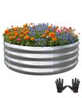 Round galvanized garden bed with flowers highlighting Galvanized Garden Bed Kit For Vegetables Herbs And Flowers Raised Planter Box Outdoor 2x2x1 Feet Durable Rust Resistant Steel With Easy Assembly And Pro Grade Quality For A Backyard Green Thumb Ready Setup, accompanied by gardening gloves.