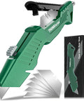 All Metal Utility Knife Retractable Heavy Duty Aluminum Body For Durable Cutting, Locking Blade, Pro Grade Box Cutter For Construction, Carpentry, And DIY Projects, Built To Withstand Drops And Tough Jobs. green retractable utility knife with blades and box