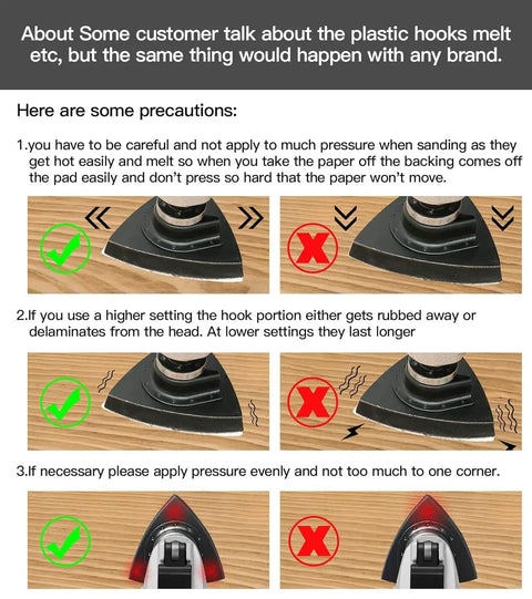 Diagram on precautions for using oscillating tool sanding pads with illustrations of correct and incorrect practices.