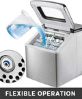 Heavy Duty Countertop Ice Maker With Rapid Freezing And Forty Pounds Daily Output Perfect For Home Bars And Kitchens Compact Stainless Steel Design pouring water into the ice maker.