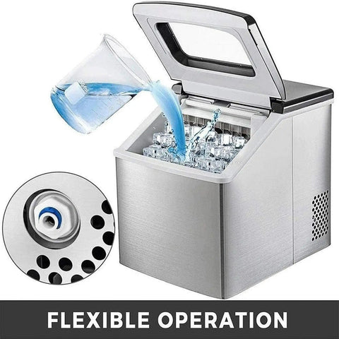 Heavy Duty Countertop Ice Maker With Rapid Freezing And Forty Pounds Daily Output Perfect For Home Bars And Kitchens Compact Stainless Steel Design pouring water into the ice maker.