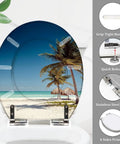 Round Resin Toilet Seat Decked Out In Tropical Beach Thatched Roof Art soft close hinges on white toilet with palm trees.