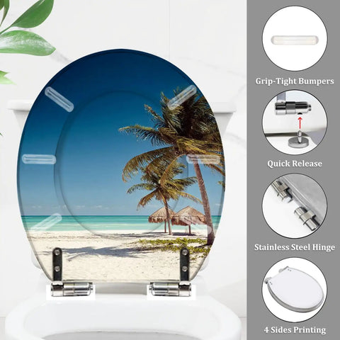 Round Resin Toilet Seat Decked Out In Tropical Beach Thatched Roof Art soft close hinges on white toilet with palm trees.