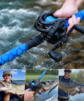 Heavy Duty Wide Frame Baitcasting Reel With Adjustable Ten Magnet Brake and Forty Pound Max Drag, shown in use while fishing for pike.