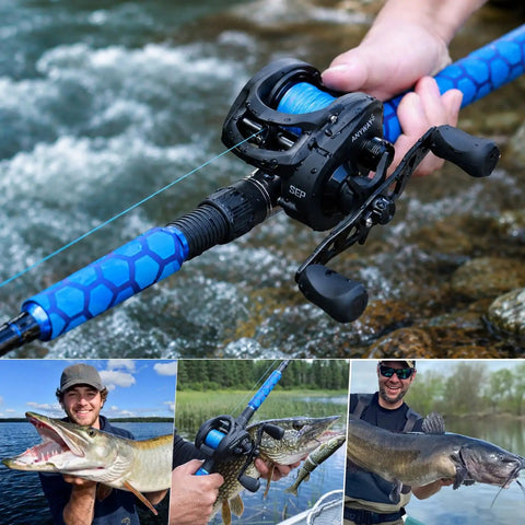 Heavy Duty Wide Frame Baitcasting Reel With Adjustable Ten Magnet Brake and Forty Pound Max Drag, shown in use while fishing for pike.