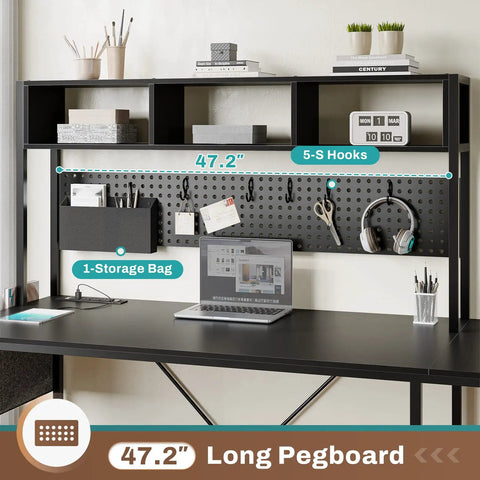 Black L Shaped Gaming Desk With Power Outlet LED Lights Pegboard Keyboard Tray Storage Bag Headphone Hook CPU Stand