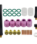 Extensive TIG Gas Lens Collet Bodies Kit For SR WP Series Weld Torch Including Glass Cup Clear Quartz Nozzles, Alumina Nozzles And Ceramic Cups, 45V 13N Series, 31 Piece Set For Pro Grade Welding displayed with nozzles and seals.