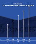 Pro Level Heavy Duty Structural Wood Screws Built Different Solid, 12 Inch Long Flat Head T30 Star Drive Carbon Steel displayed in multiple sizes.