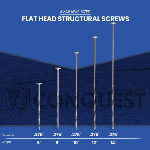 Pro Level Heavy Duty Structural Wood Screws Built Different Solid, 12 Inch Long Flat Head T30 Star Drive Carbon Steel displayed in multiple sizes.