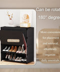 5 Tier Shoe Storage Cabinet With Door Covered Shoe Rack Organizer for Entryway and Closet Holds 20 Pairs of Shoes Durable Plastic Shelves Keeps Your Shoes Neat and Clutter Free Easy Access, shown with shoes arranged on two tiers, rotating feature visible.