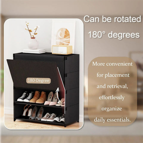 5 Tier Shoe Storage Cabinet With Door Covered Shoe Rack Organizer for Entryway and Closet Holds 20 Pairs of Shoes Durable Plastic Shelves Keeps Your Shoes Neat and Clutter Free Easy Access, shown with shoes arranged on two tiers, rotating feature visible.