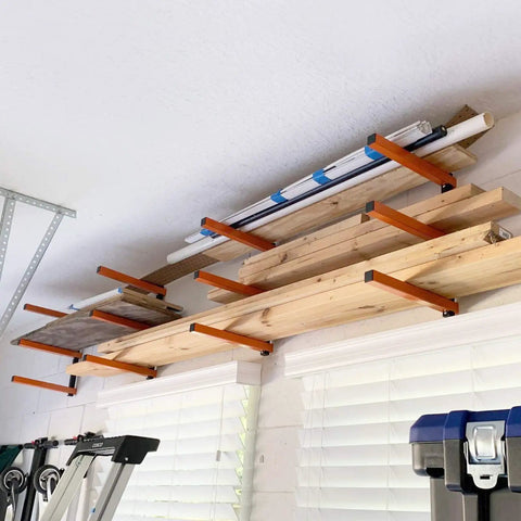 Wall Mount Lumber Rack Set, 3-Level Metal Wood Organizer For Long Objects And Gear in garage, installed, holding lumber and pipes