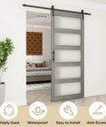 Built Tough Frosted Glass Barn Door 48 By 96 Inches With Heavy Duty Eight Foot Sliding Track Hardware Kit In Gray For Easy Slide Interior Room Divider in stylish interior.