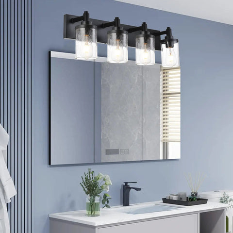 4 Light Vanity Light Fixtures For Bathroom Black Over Mirror Farmhouse Style Wall Lamps With Seeded Glass Shades For Living Room