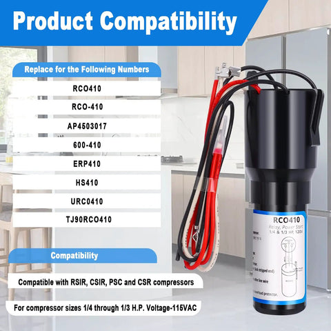 Three In One Hard Start Capacitor Kit For Refrigerators And Freezers 115V One Quarter To One Third Horsepower specifications chart