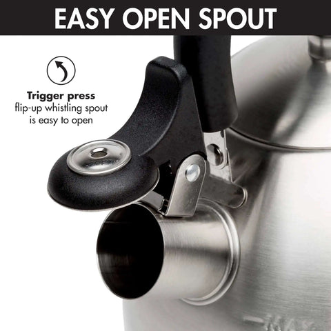Whistling Stovetop Tea Kettle With Food Grade Stainless Steel, 1.5 Quart Capacity, Boils Fast, with open spout and black handle