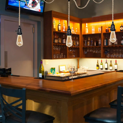 Three Pendant Lights Kit With Plug In Hemp Rope Cord And Switch 22 Feet Long Easy Plug And Play Installation in bar setting
