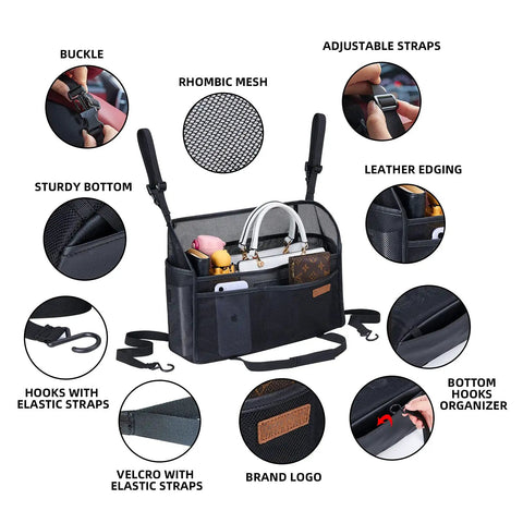Close-up of Car Net Pocket Organizer Between Seats For Handbags with adjustable straps, 6 pockets, and leather edging.