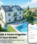 Smart WiFi Garden Hose Timer With Hub And App Control for lawn watering, showing phone app and irrigation system at house.