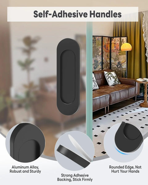 Black self-adhesive aluminum handle on glass door with strong backing for easy pull, showing installation in a stylish living room.