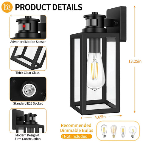 Two Pack Motion Sensor Outdoor Lights Dusk To Dawn Wall Mount Fixtures For Porch And Garage Exterior Black Lantern Sconces With Clear Glass Auto On At Dusk Off At Dawn Weatherproof And Easy To Install