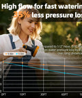 Woman using Heavy Duty Retractable Garden Hose Reel Workhorse Five Eighth Inch By One Hundred Feet with sprayer nozzle