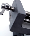 Close-up of 4 Inch Angle Drill Press Vise With 0 To 90 Degree Tilting Beefy Heavy Duty Cast Iron Build Powder Coated Black Finish Secure Clamping