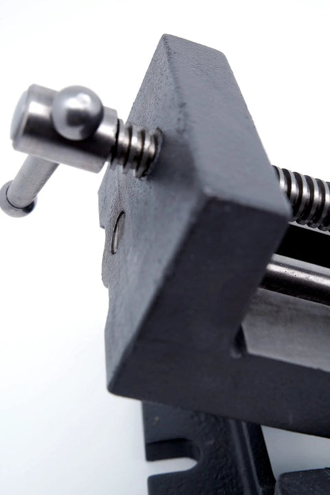 Close-up of 4 Inch Angle Drill Press Vise With 0 To 90 Degree Tilting Beefy Heavy Duty Cast Iron Build Powder Coated Black Finish Secure Clamping