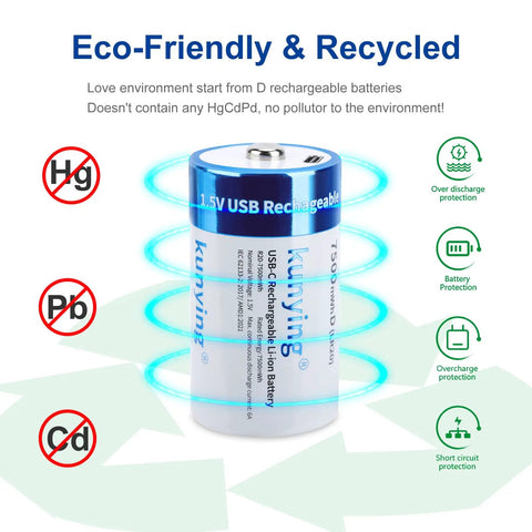 Eco-friendly Eight Pack Rechargeable D Batteries With USB Charging Cable, highlighting protection features and no harmful substances