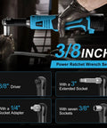 Cordless Ratchet Wrench Set With 16.8V Beefy Power 45 Ft Lbs Torque 550 RPM Dual Cooling Extended Run Time Heavy Duty Build Includes 2x 2Ah Batteries One Quarter Inch Adapter 3 Inch Extension Bar Variable Speed Electric Tool Kit In Blue, 3/8-inch driver