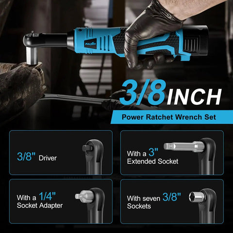 Cordless Ratchet Wrench Set With 16.8V Beefy Power 45 Ft Lbs Torque 550 RPM Dual Cooling Extended Run Time Heavy Duty Build Includes 2x 2Ah Batteries One Quarter Inch Adapter 3 Inch Extension Bar Variable Speed Electric Tool Kit In Blue, 3/8-inch driver