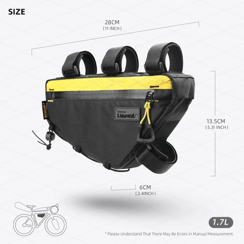 Ride Ready Bike Triangle Frame Bag 1.7L Waterproof Tool And Gear Organizer With YKK Zippers, top view showing size and straps